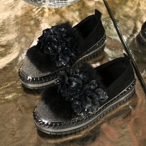Black Fur-Trimmed Rhinestone Loafers